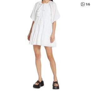 Cinq a Sept lynn cotton bow detail puff sleeve flared mini dress in white 10